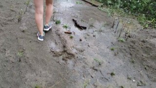 Nerdy School Girl Plays In The Rainy Day Piss Puddles