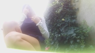 OUTDOOR! relax time in a public garden, without panty, and pee on the grass