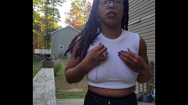 Outside peeing my shorts slurping it spitting it on my shirt with a flash while the neighbors watch